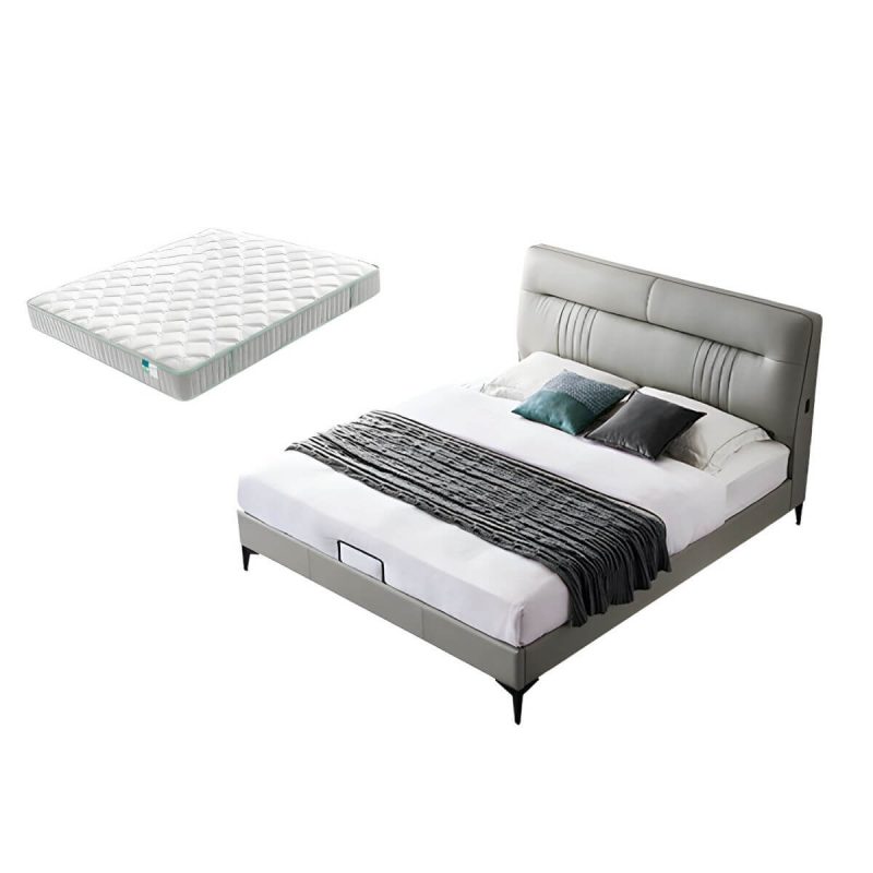 "Contemporary Standard Bed with Black Legs and Genuine Leather Panel Headboard - Grey Panel 59"W x 79"L Bed & Mattress"