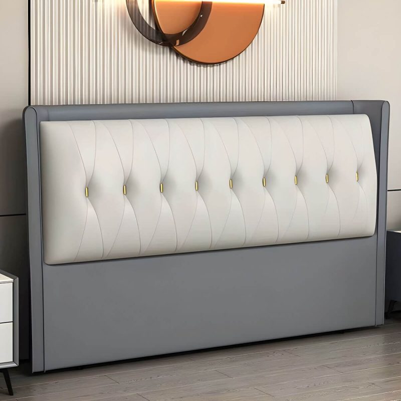"Contemporary Headboard Bed with Tufted Leather Upholstery in Rectangular - Gray-White 79""