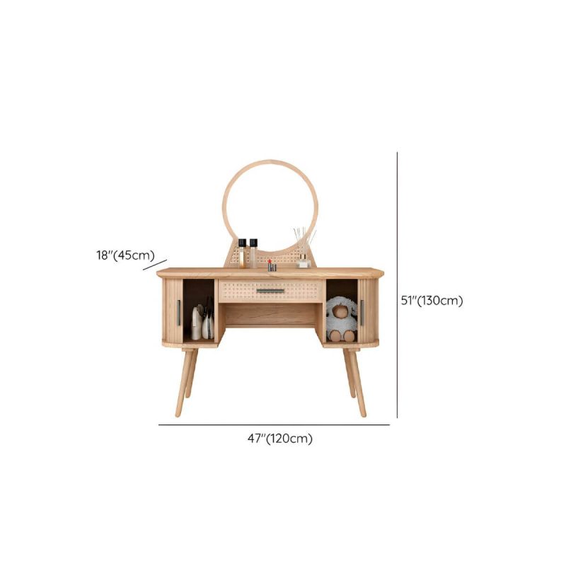 "Dimension of Ash Wood Rectangle Dressing Table with Rattan Chairs and Drawers - Natural Finish"