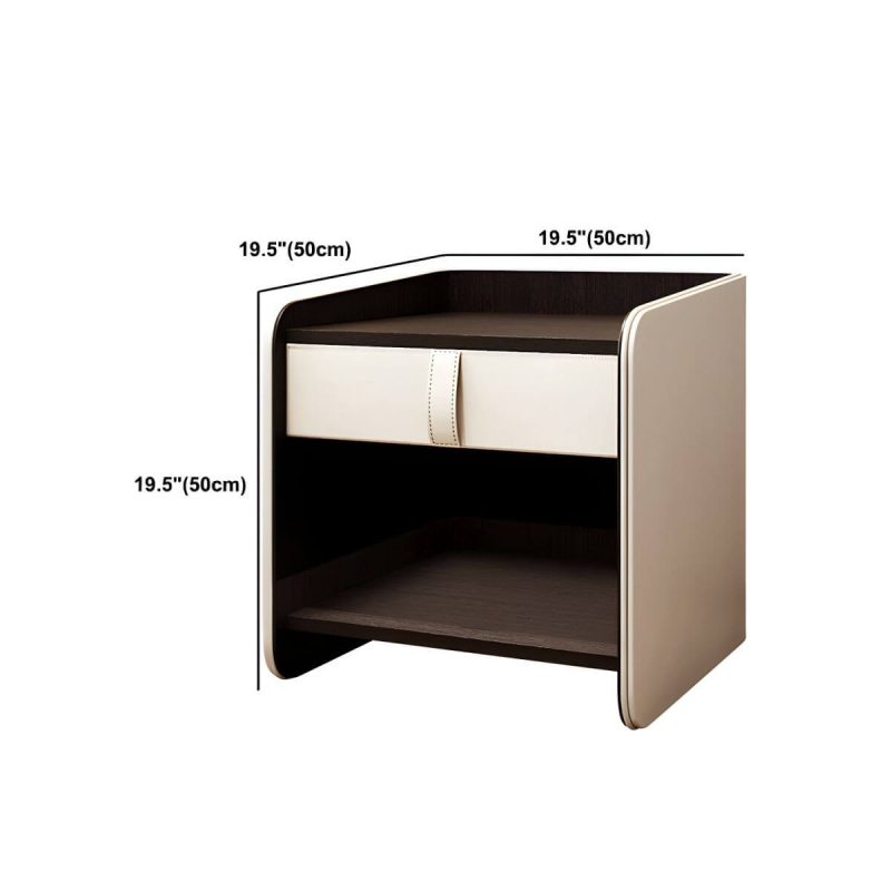 "Dimension of Faux Leather Nightstand 1 - Drawer Nightstand with Wood Accents - Cream Gray 19.7"L x 19.7"W x 19.7"H"