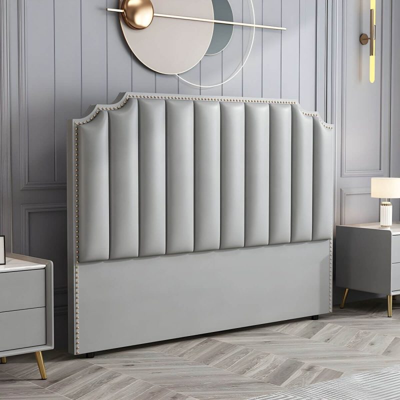 "Wooden Wingback Headboard with Legs Upholstered Sponge Standard Height in Portman Shape - Light Gray 150 cm"
