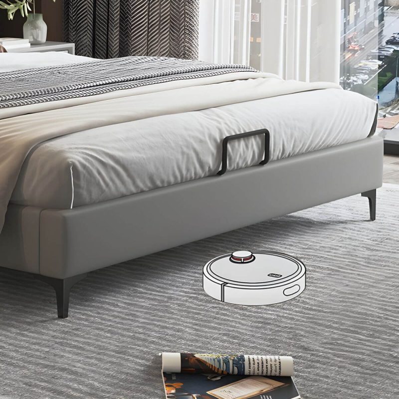 "Grey Upholstered Panel Modern Bed with Genuine Leather Headboard - 59"W x 79"L Open-Frame"