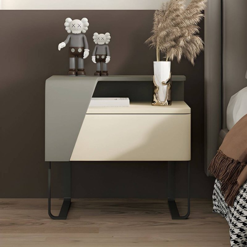 "Chic Modern Wood Bedside Cabinet with One Drawer Storage, Under 21 Inches in Length - Right Oyster Gray/ Beige"