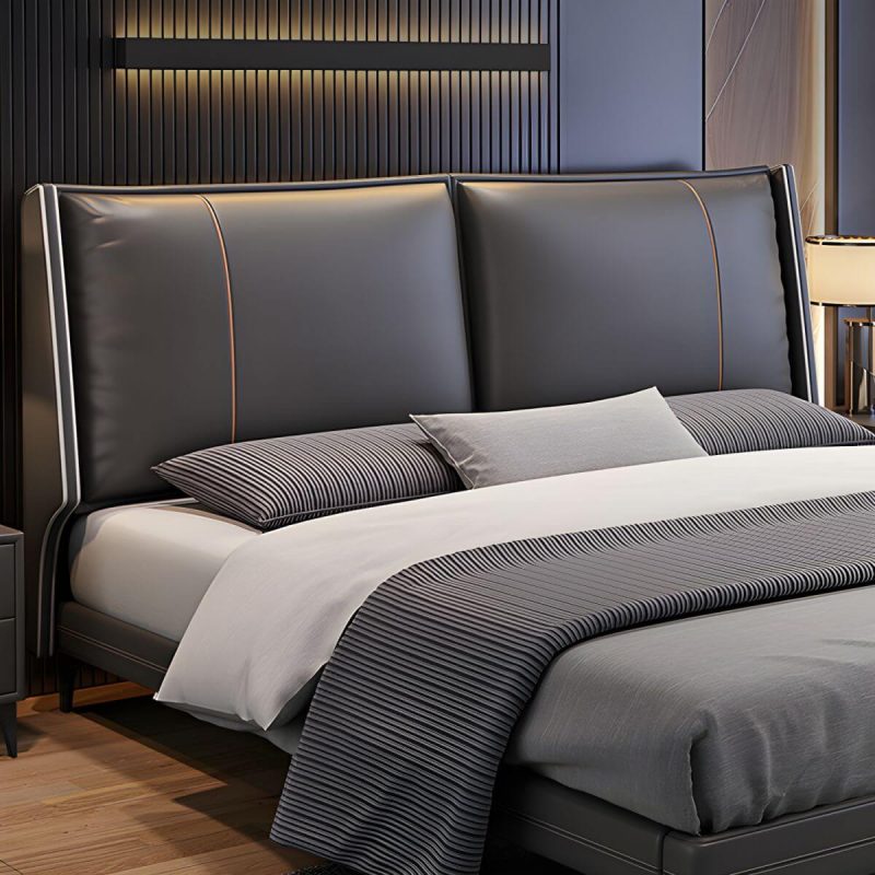 "Contemporary Genuine Leather Grey Standard Bed with Custom Gold Legs - 59"W x 79"L"