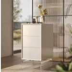 "Natural Wood Art Deco 3 Drawers Drawer Storage Bedside Table, Apricot Gray, 10"L x 16"W x 24"H"