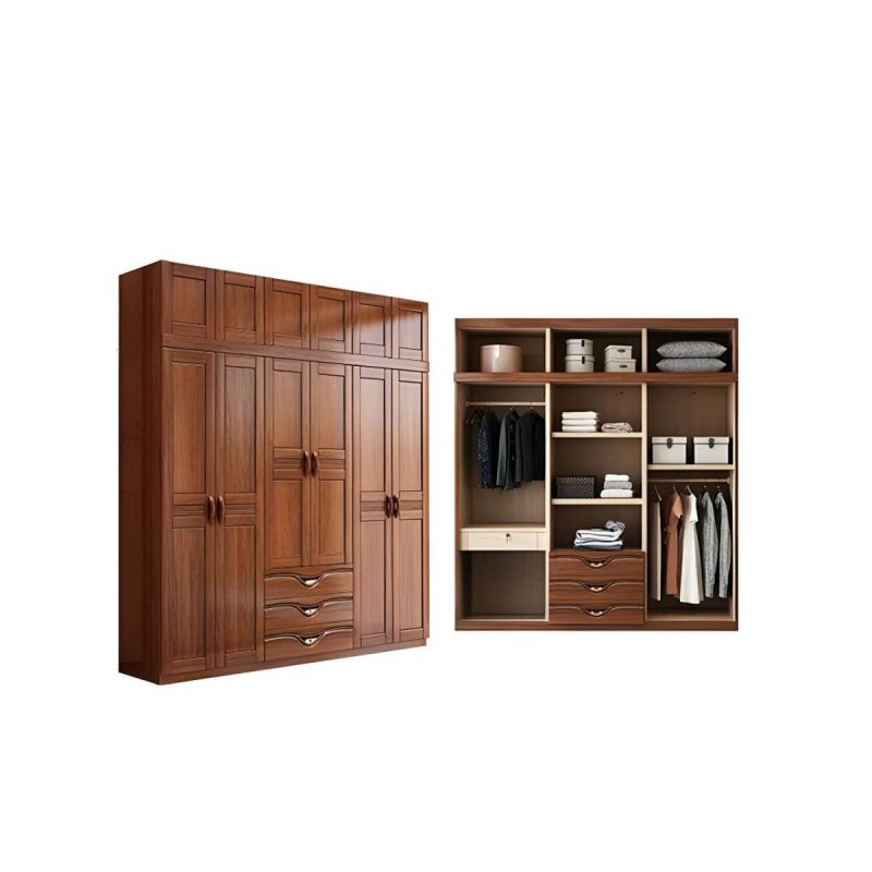 "Wood Brown Rustic Wardrobe Armoire with Drawers & Shelves, Walnut Finish - 81"L x 22"W x 100"H"