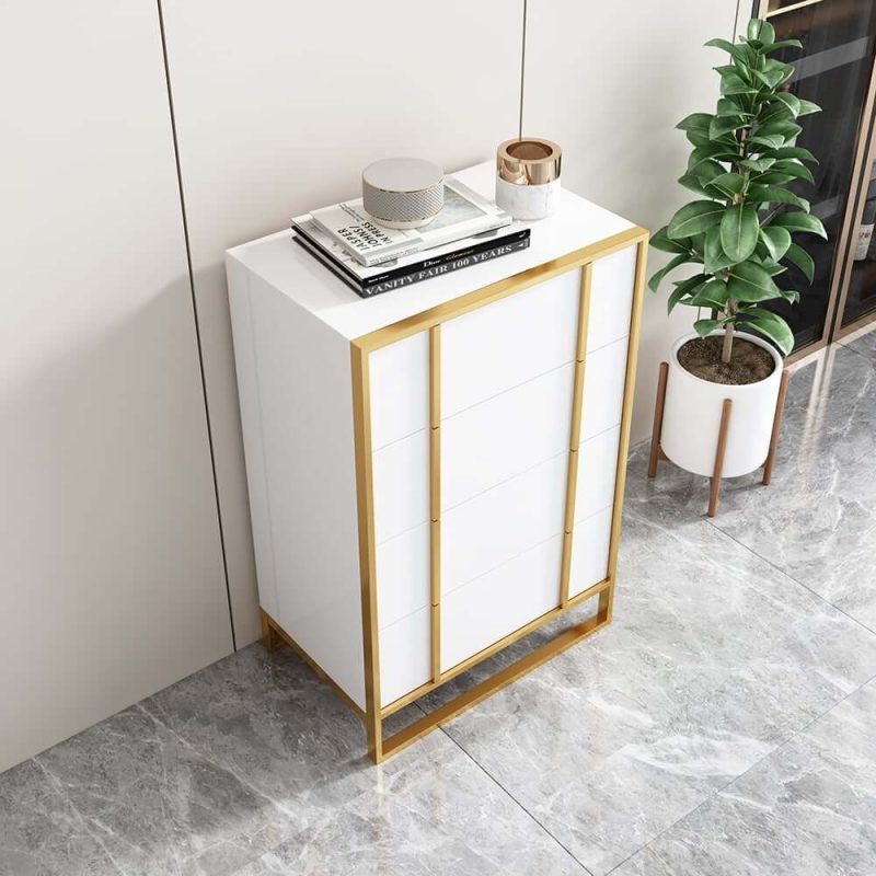 "Rimh Modern White & Gold Wooden Chest of 4 Drawers with Stainless Steel Legs"