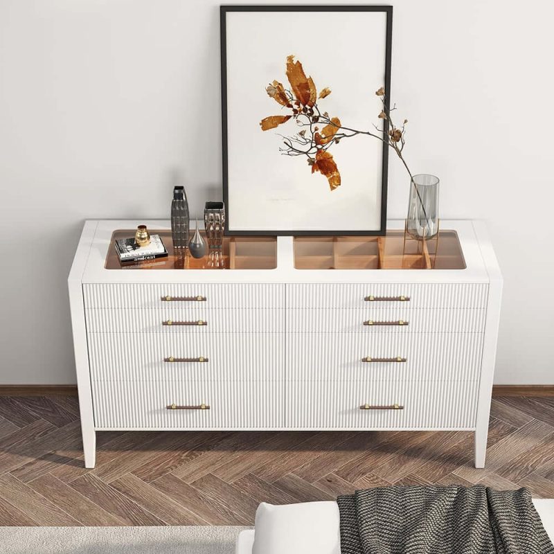 "Fluted 8-Drawer Dresser with Tempered Glass Top & Jewelry Display"