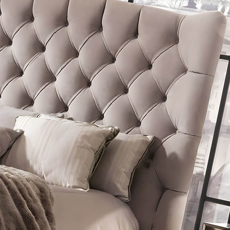 "Elegant Grey Tufted Wingback Headboard with Wood Legs and Camelback Shape - 71""