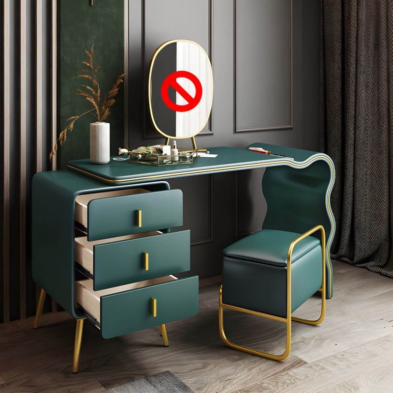 "3 Drawers Make-up Vanity Set, 28.74" H Leather Vanity with Stool & Mirror - Makeup Vanity & Stools Green/ Gold 100 x 48 x 73 cm"