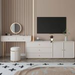 "Art Deco Gold L-Shape Vanity with Sliding Door, Scalable 2-in-1 Design, and Tabletop Storage, Makeup Vanity (31") & Dresser (63")"