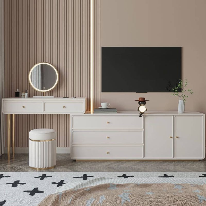 "Art Deco Gold L-Shape Vanity with Sliding Door, Scalable 2-in-1 Design, and Tabletop Storage, Makeup Vanity (31") & Dresser (63")"