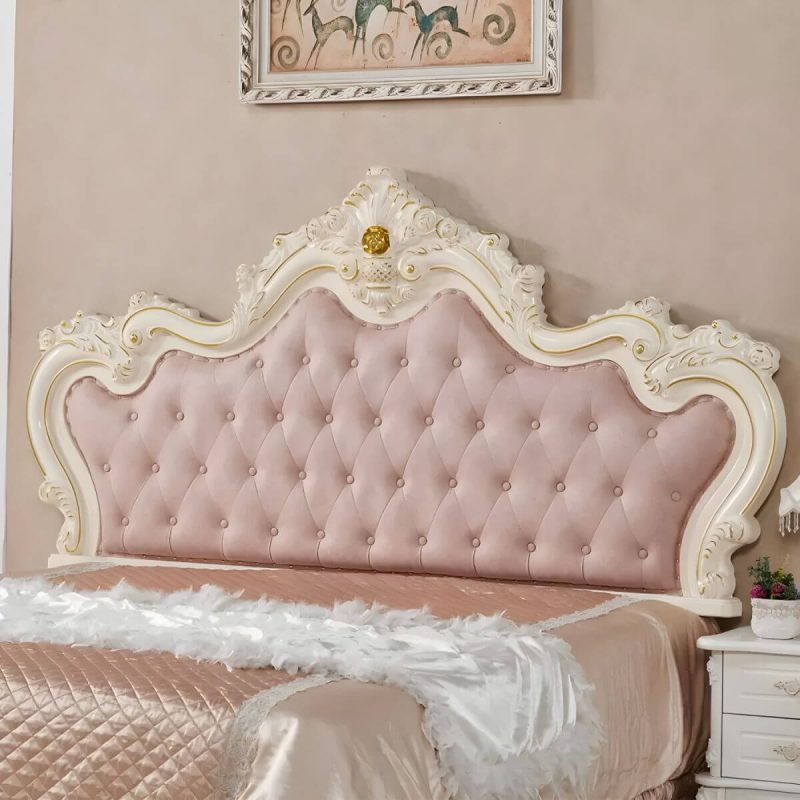 "Glamorous Upholstered Queen Size Headboard with Tufted Design and Nailhead Trim in Portman Shape - Pink"