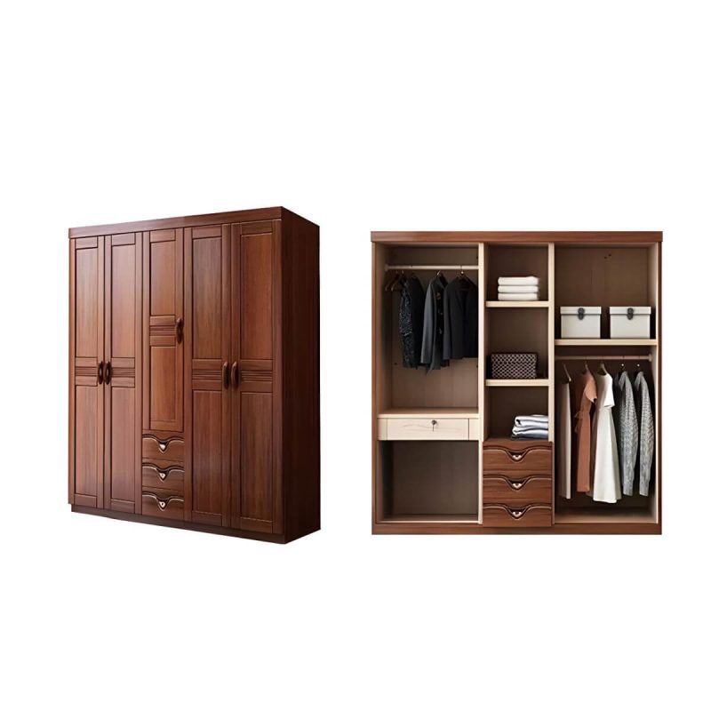 "Wood Brown Rustic Wardrobe Armoire with Drawers & Shelves, Walnut Finish - 67"L x 22"W x 81"H"