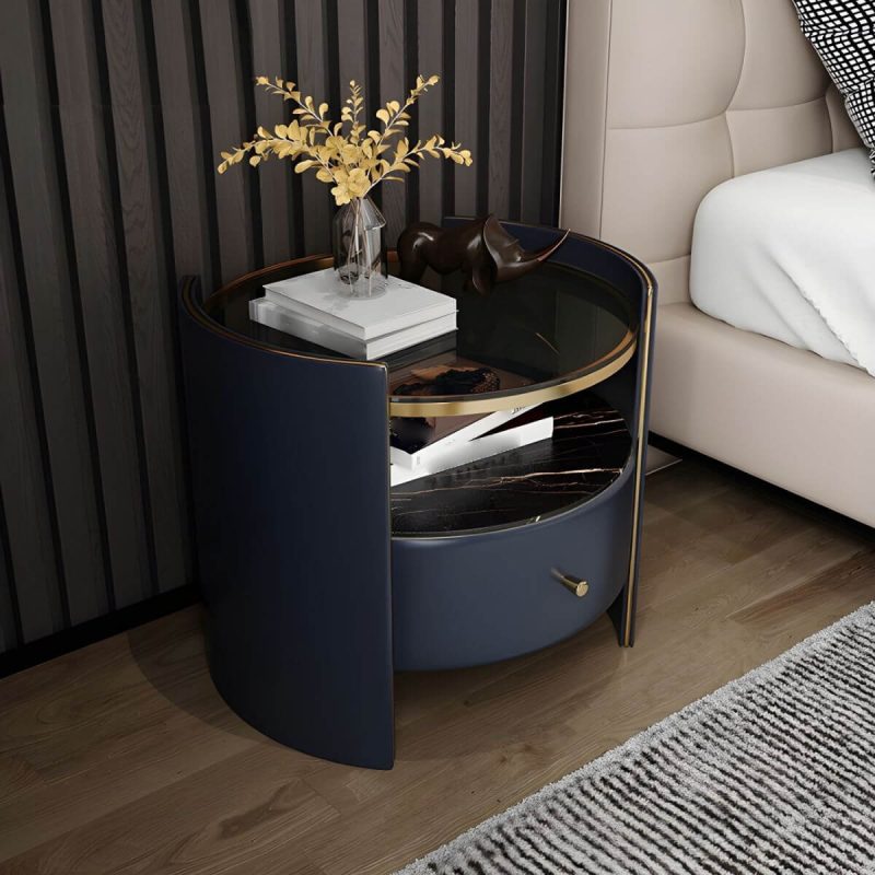 "1-Drawer Glass Top Nightstand, 19.69" Tall 1-Shelf Leather Night Stand - Black Dark Blue"