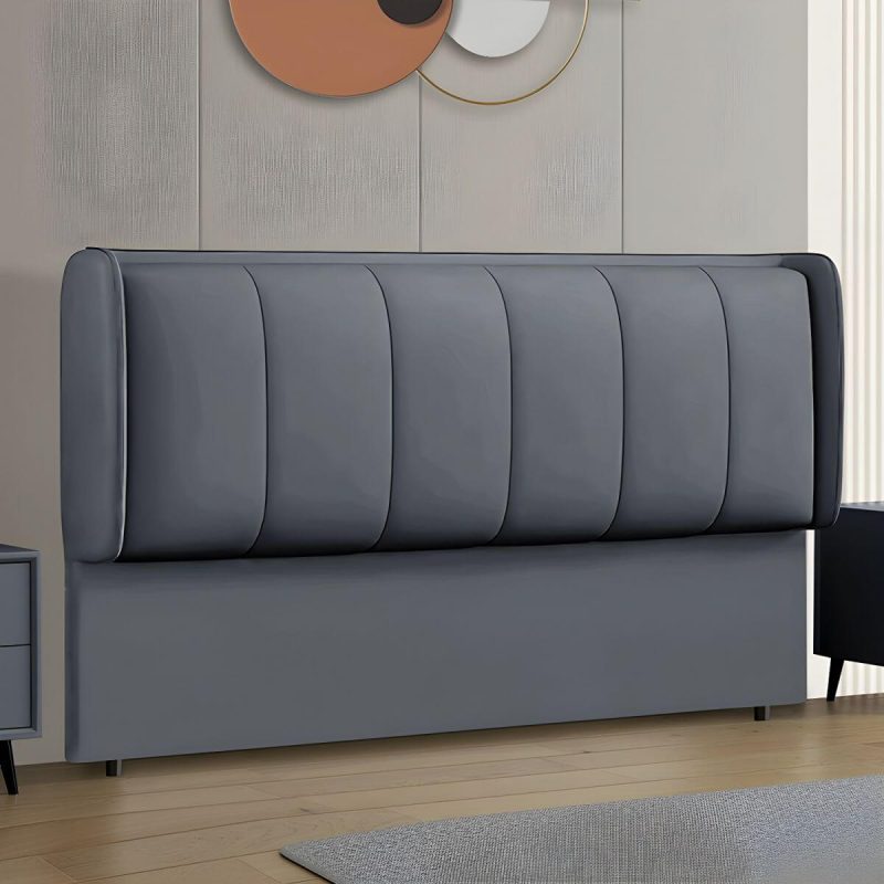 "Modern Upholstered Pine Wingback Headboard with Wood Legs and Solid Wood Frame - 79" Anti Cat Scratch Leather Dark Gray"