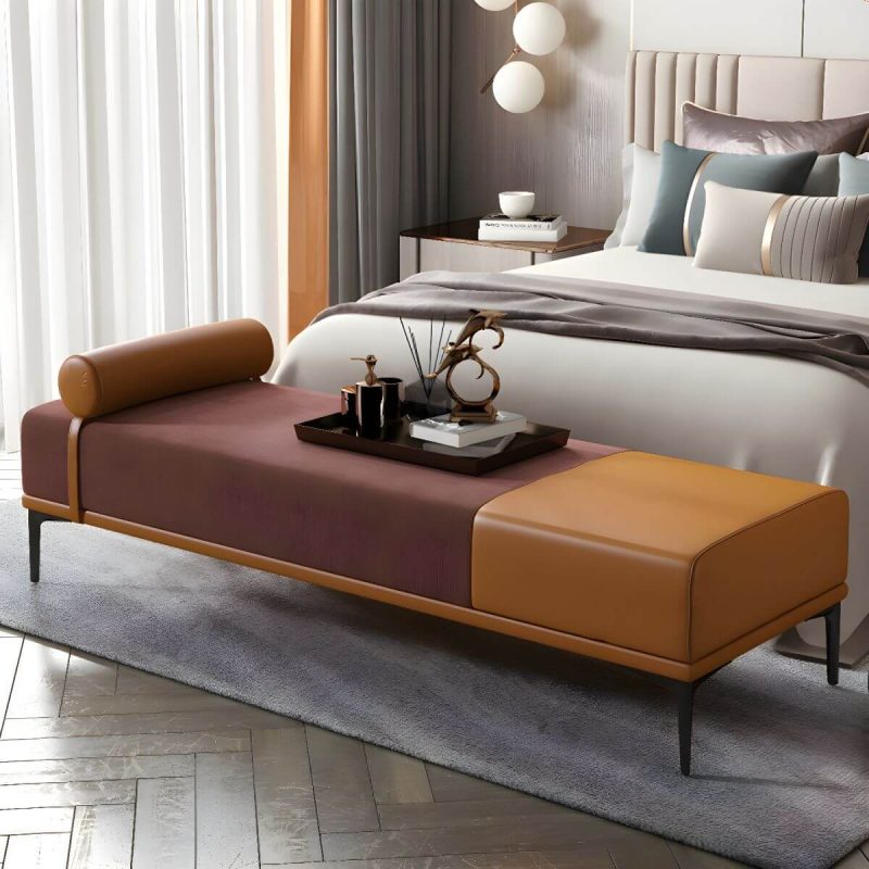 "Modern Fabric and Leather Seating Bench with One Side Arm for Bedroom - Red"