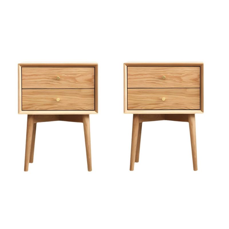 "Scandinavian Style Wood Nightstand with 2 Drawers in Oak Finish - 2 Piece Set Natural Finish"