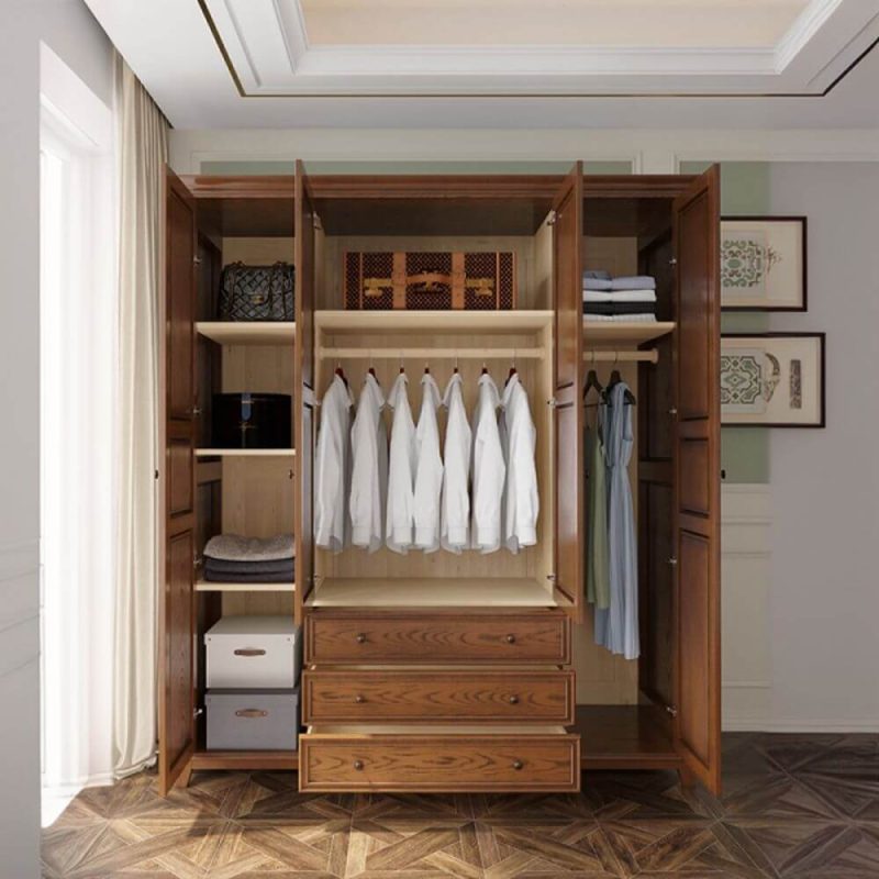"Taupe Art Deco Ash Wood Wardrobe Armoire with 3 Drawers, Interior Shelves, and Clothing Rod, 110"L x 25"W x 86"H"