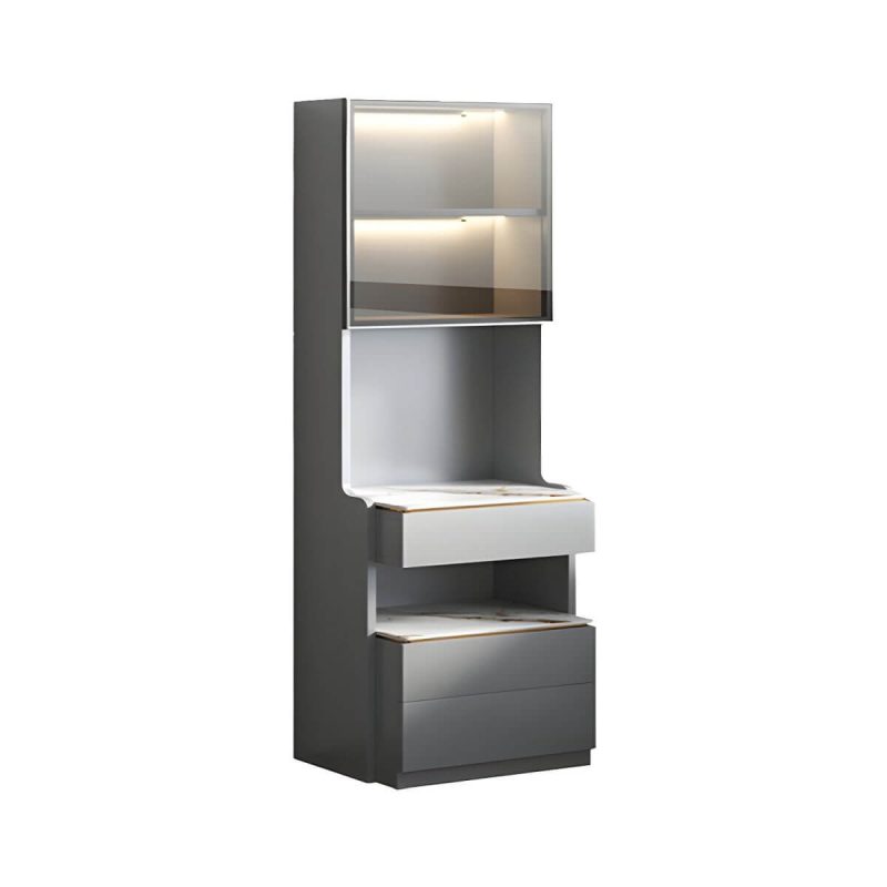 "Modern Grey Wood Nightstand with 3 Drawers in Gray Wood Tone - Without Light 1 Piece With Backboard 50 x 40 x 180 cm"