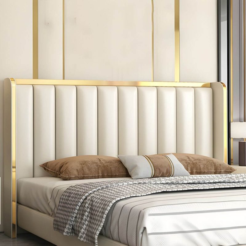 "Glam Stepped Pillow Back Bed Headboard Leather Solid Wood Water Proof - 59" Dark Blue"