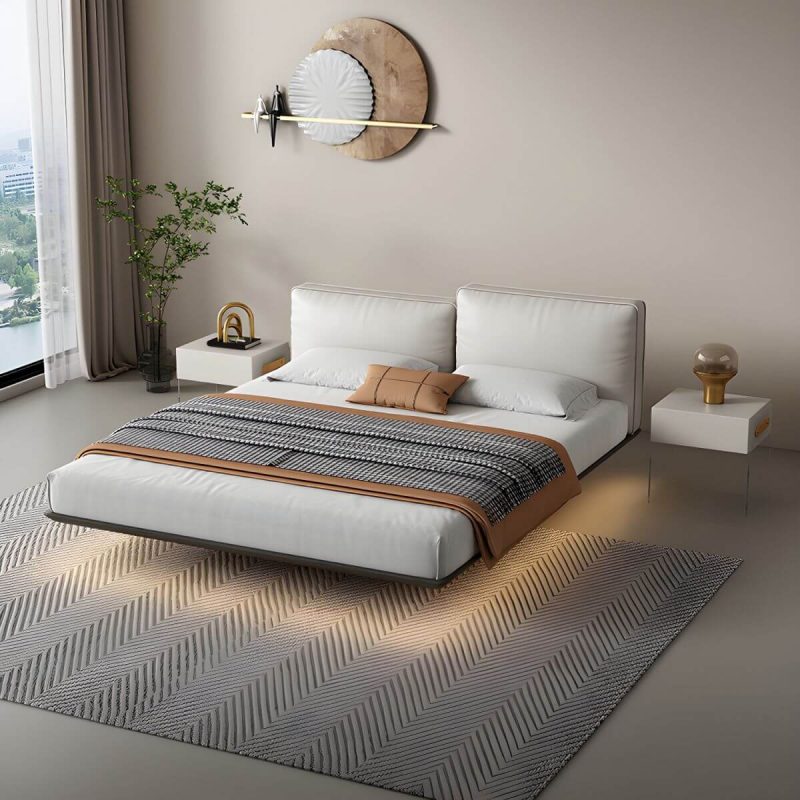"Modern Style Upholstered Headboard/white Grey Leather Suspension Bed - White California King Bed & Mattress"