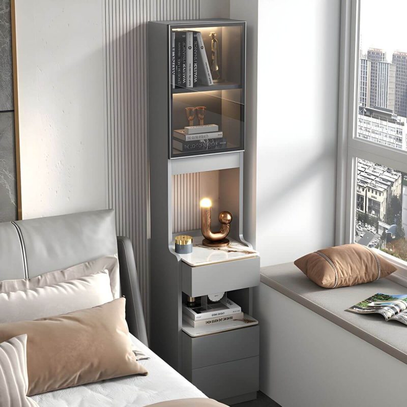 "Modern Grey Wood Nightstand with 3 Drawers in Gray Wood Tone - With Light 1 Piece Without Backboard 40 x 40 x 180 cm"