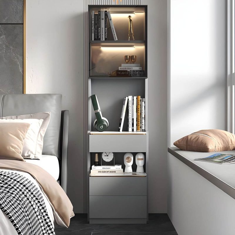 "Modern Grey Wood Nightstand with 3 Drawers in Gray Wood Tone - Without Light 1 Piece With Backboard 50 x 40 x 72 cm"