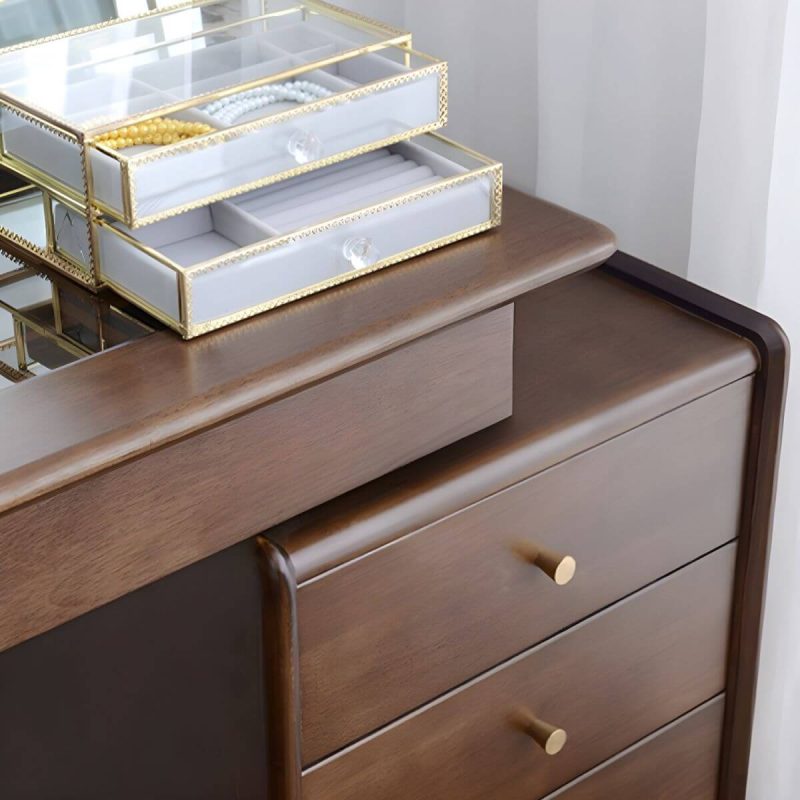 "Rectangle Shape Solid Wood Dressing Table Brown with Drawers and Stools - Makeup Vanity & Stools"