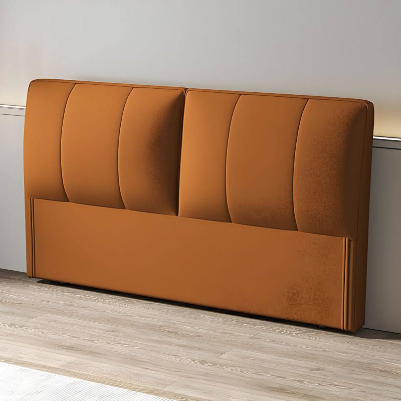 "Light Wood Upholstered Panel Modern Headboard with Orange Leather Upholstery and Solid Wood Legs - 71""