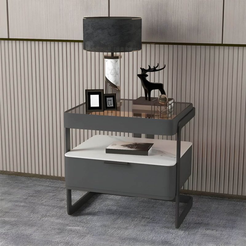 "Modern Wood Nightstand with Glass Countertop and Open Storage - Dark Gray 48 x 40 x 51 cm 1 Piece"