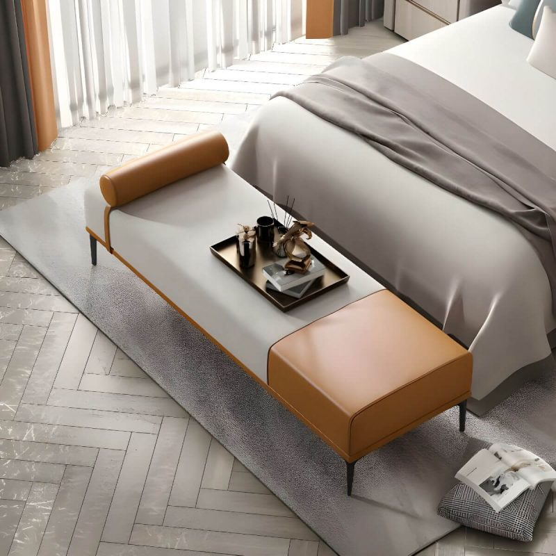 "Modern Fabric and Leather Seating Bench with One Side Arm for Bedroom - Silver Gray"