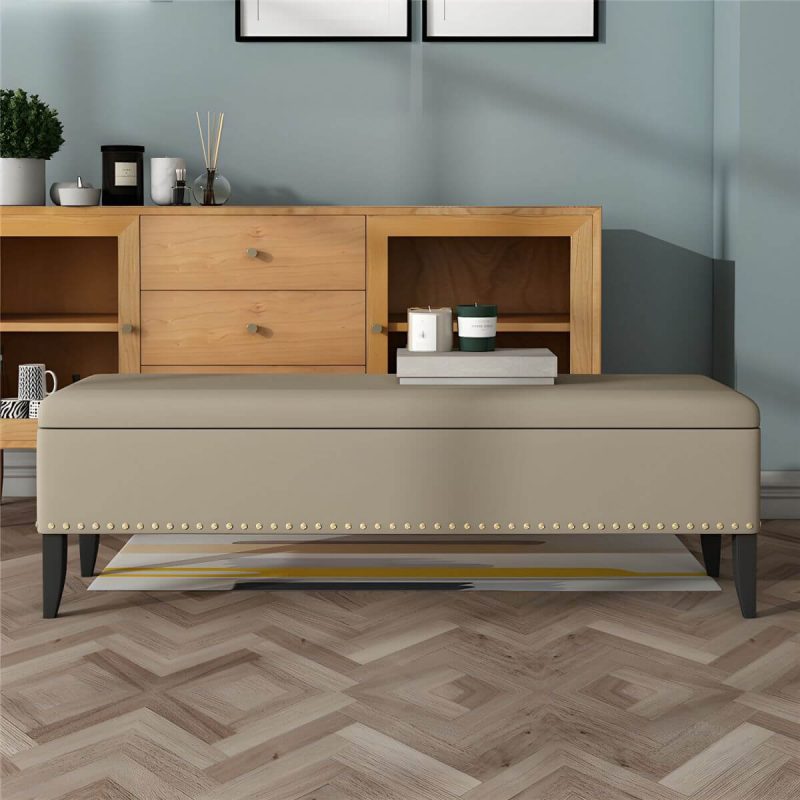 "Upholstered Bedroom Bench with Nailhead Trim - Modern Flip Top Design, 150cm Long - Aqua"