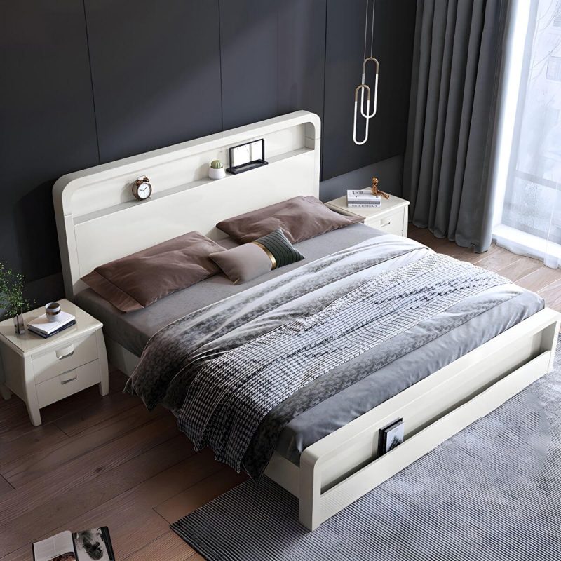 "Nordic Style Solid Wood Upholstered Headboard Wood/white/walnut Bed - White Queen Bed & Mattress Spring&Latex"