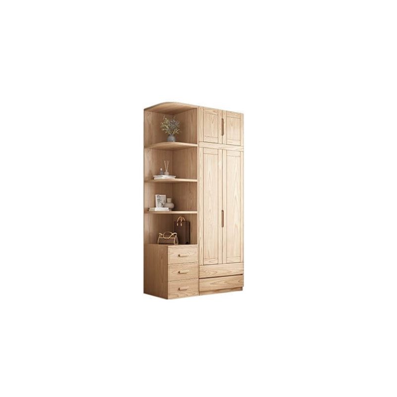 "Ash Wood Wood Color Unfixed Wardrobe Closet, 4 Doors, Armoire & Side Cabinet & Top Cabinet"
