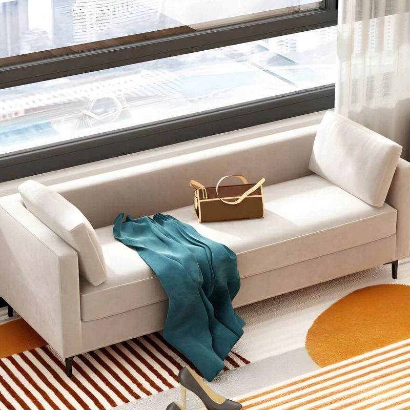 "With Arms White Upholstered Modern Bedroom Bench with Short Height and Back - 59"L x 20"W x 20"H"