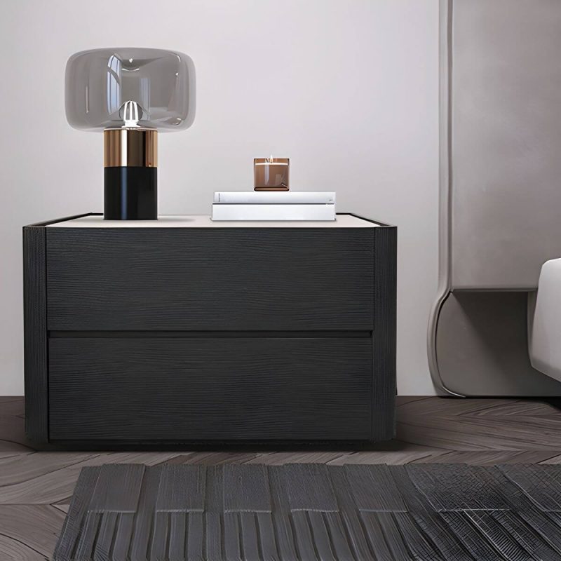 "Modern Black Wood Nightstand with 2 Drawers and Small Height - 1 Piece"
