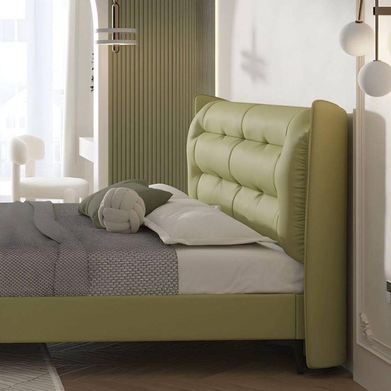 "Green Upholstered Wingback Headboard with Tufted Design and Wood Legs - 71""