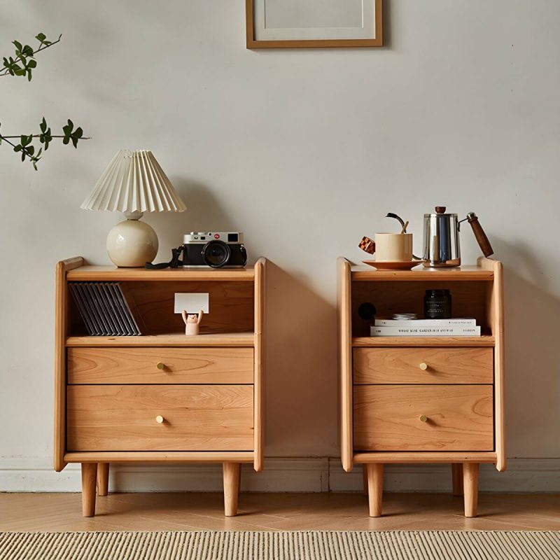 "Compact Scandinavia Nightstand with Drawers and Open Storage in Brown Wood - 1 Piece 35 x 40 x 55 cm"