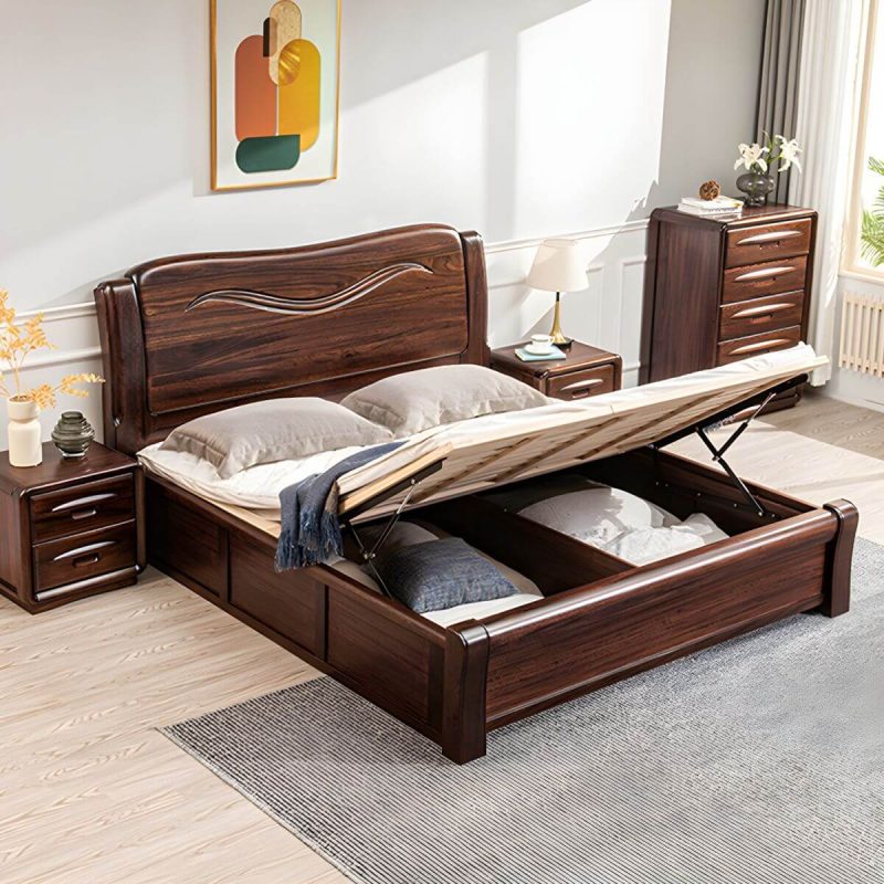 "Solid Wood Walnut Standard Bed Lift Up Storage Bed Frame with Footboard - Queen Lift Up Storage"