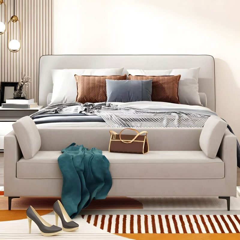 "With Arms White Upholstered Modern Bedroom Bench with Short Height and Back - 59"L x 20"W x 20"H"