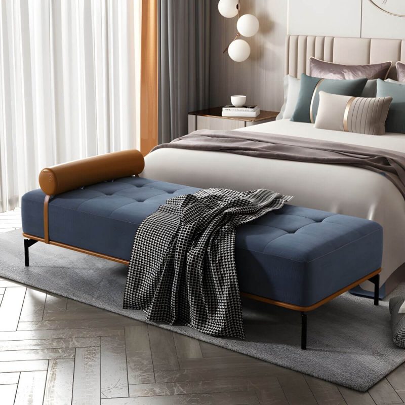 "Tufted Upholstered Modern Bedroom Bench with Rolled Pillow and Wood Frame - Blue"
