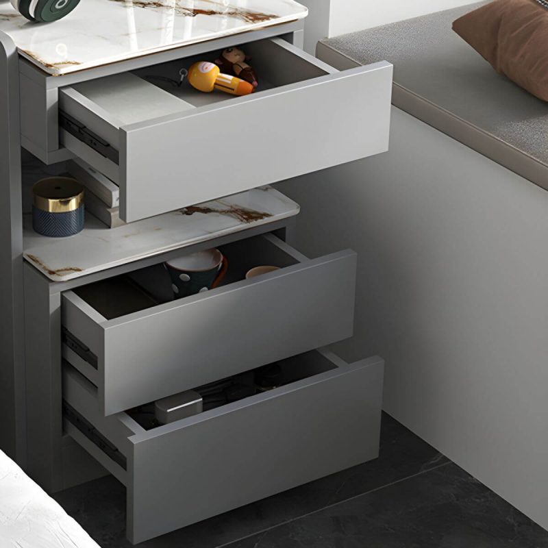 "Modern Grey Wood Nightstand with 3 Drawers in Gray Wood Tone - Without Light 2 Piece Set With Backboard 30 x 40 x 180 cm"