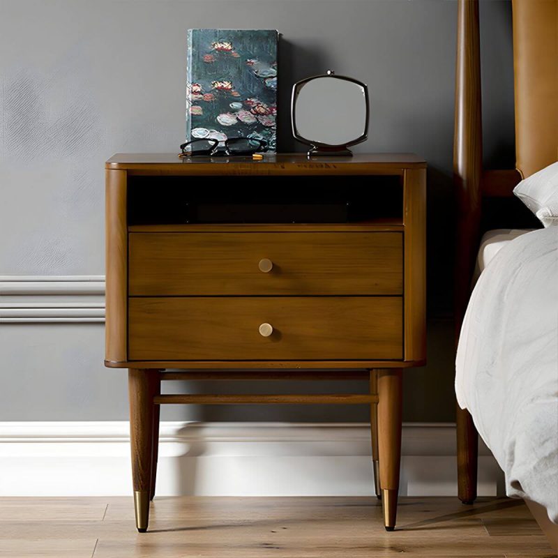 "Mid-Century Modern Wood Nightstand with Drawer Storage and 2 Drawers - 1 Piece Walnut"