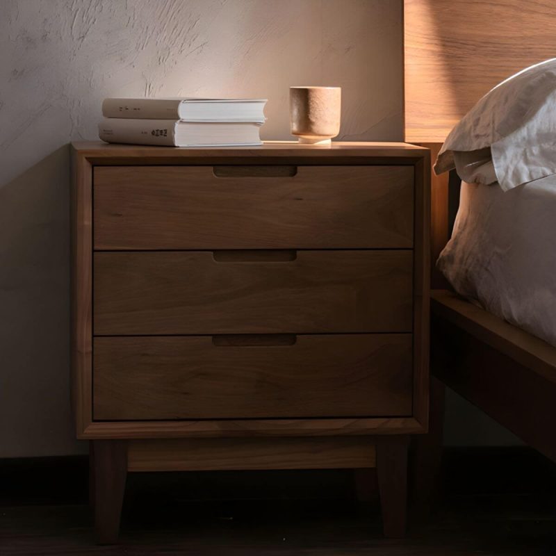 "Scandinavian Style Small Wood Nightstand with Three Lock Free Drawers - 1 Piece Walnut"