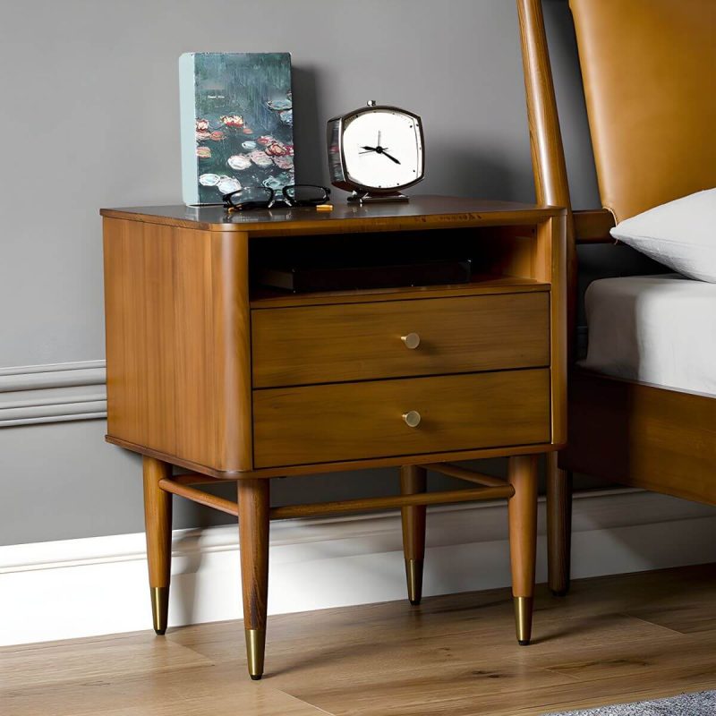 "Mid-Century Modern Wood Nightstand with Drawer Storage and 2 Drawers - 2 Piece Set Dark Walnut"