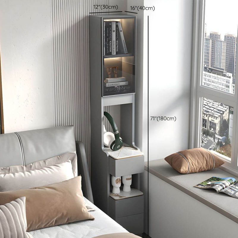 "Dimension of Modern Grey Wood Nightstand with 3 Drawers in Gray Wood Tone - With Light 1 Piece Without Backboard 30 x 40 x 180 cm"