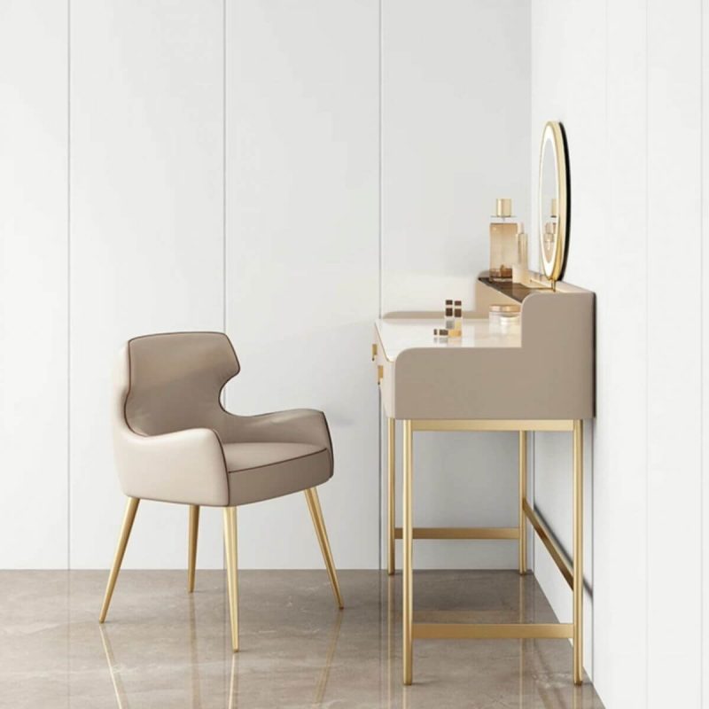 "Simplistic Standard Dressing Table Alloy with LED Mirror and Grey Chair, Makeup Vanity & Mirror & Stools, 39"L x 18"W x 35"H"