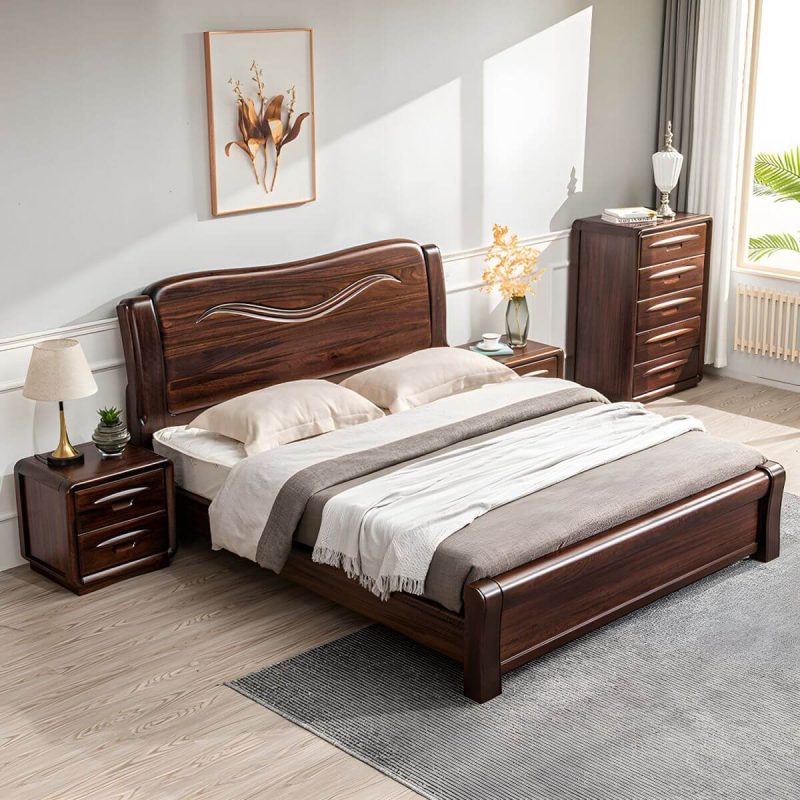 "Solid Wood Walnut Standard Bed Lift Up Storage Bed Frame with Footboard - Full Panel"