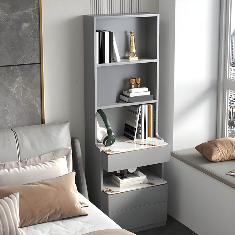 "Modern Grey Wood Nightstand with 3 Drawers in Gray Wood Tone - Without Light 1 Piece With Backboard 60 x 40 x 180 cm"